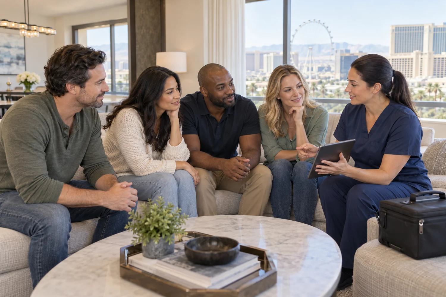 Illustrative group of adult friends speaking with a clinician before a mobile visit in a hotel suite