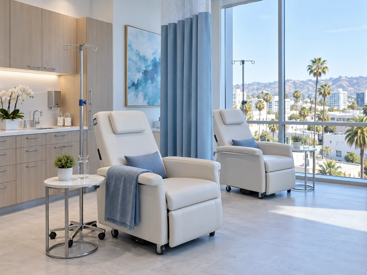 Illustrative Beverly Hills ION IV studio with medical recliners and a bright clinical interior