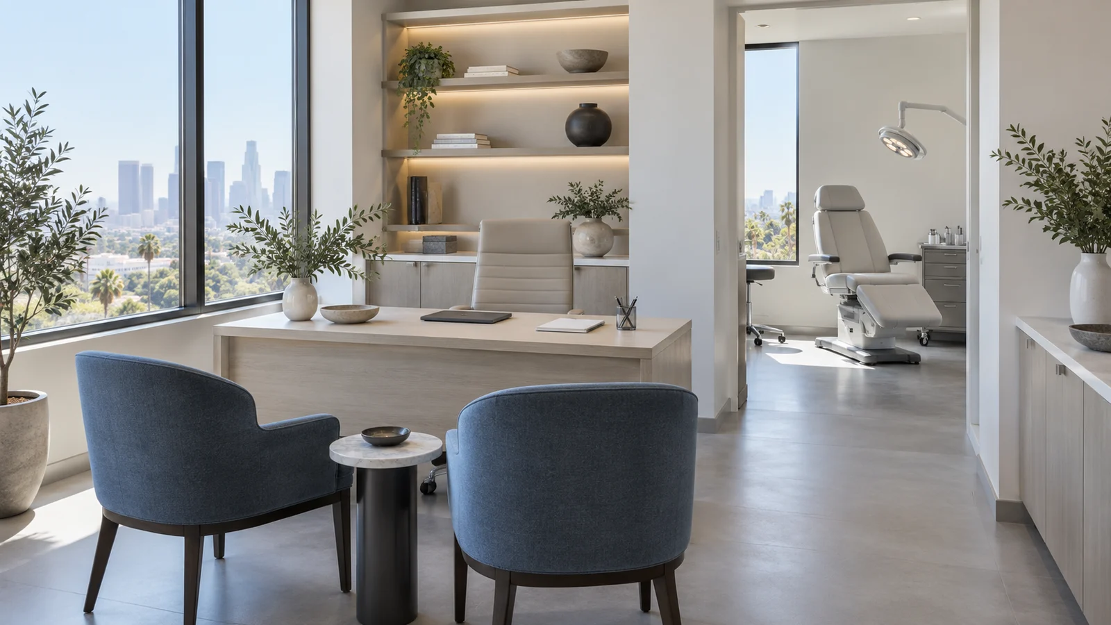 Illustrative consultation suite with warm ivory finishes and slate accents