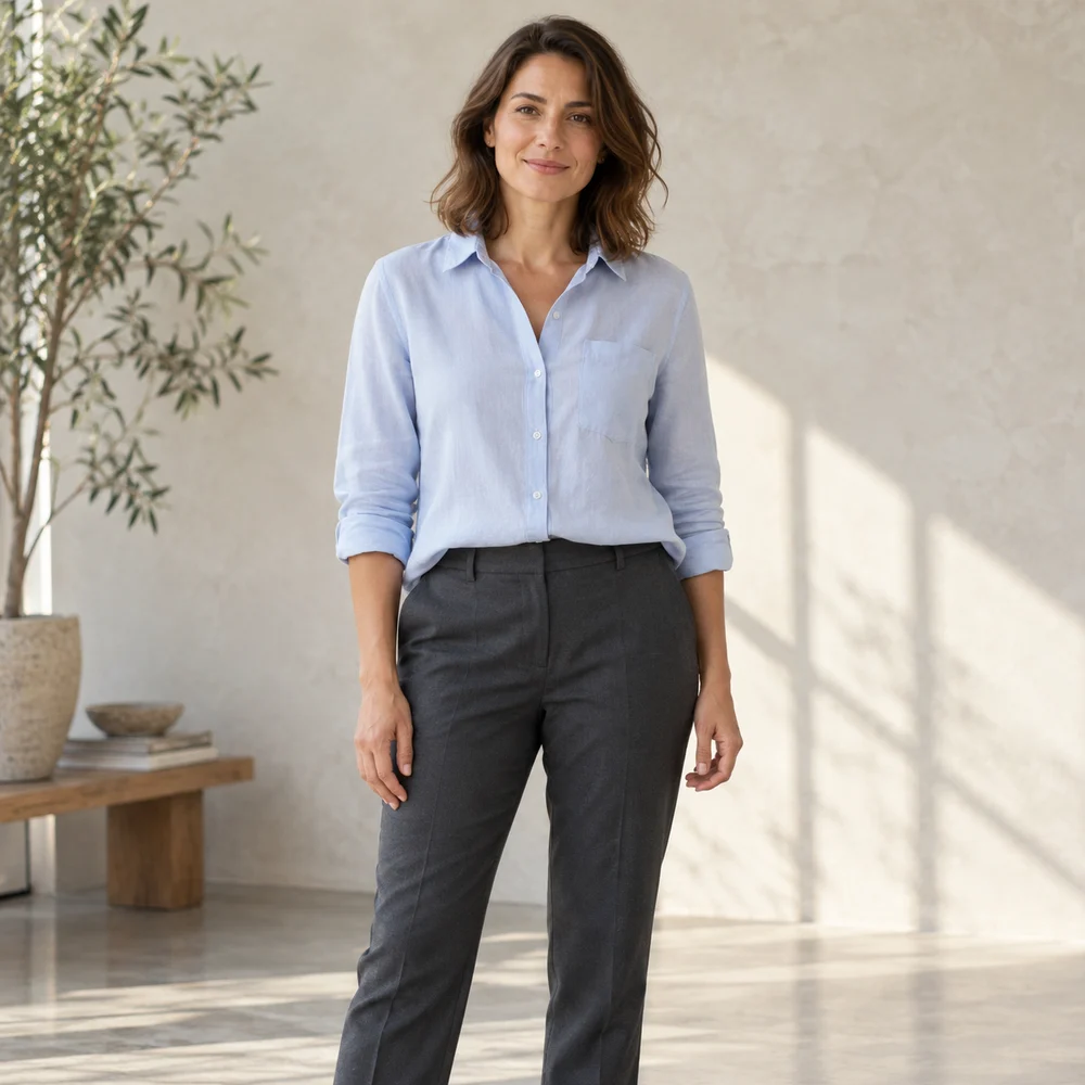Fully clothed editorial model introducing body procedure topics; not a patient result